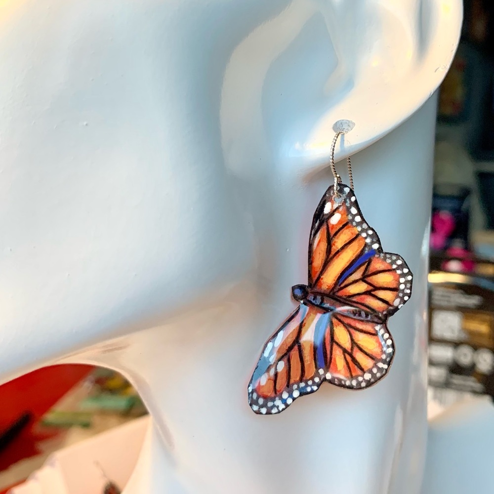 Monarch butterfly hand painted earrings, sterling slipless wires insects